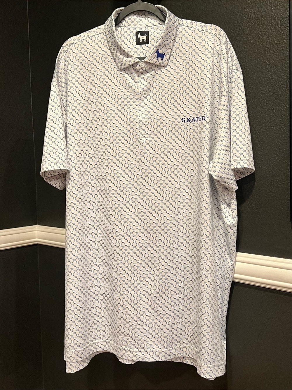 Goated Mens White and Blue All Over Goat Print Short Sleeve Performance Polo 3XL